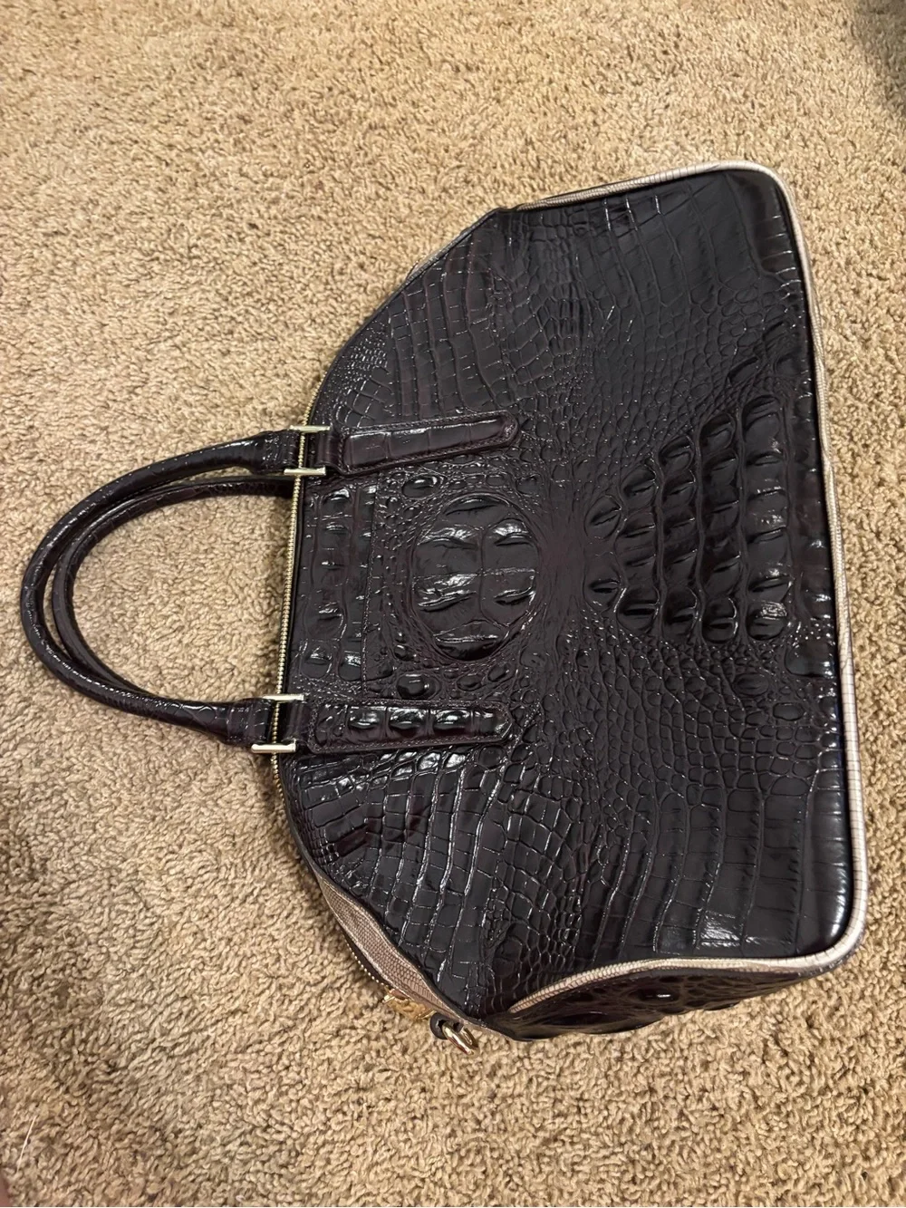 Brahmin Two-Tone Croc-Embossed Satchel in Cream & Dark Brown